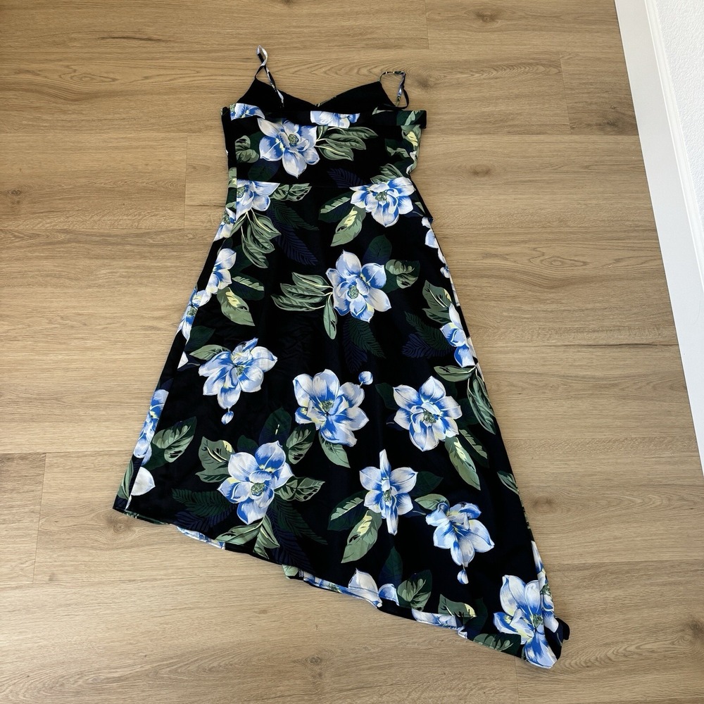 Banana Republic Dress 8 Tall Black Blue Floral Asymetrical Hawaiian Travel - Picture 7 of 12